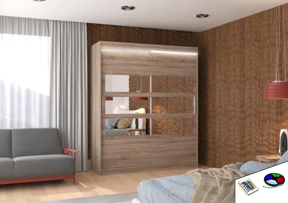 Dulap cu usi glisante si oglinda + iluminare LED, Toledo 180 + LED, 180 cmx200 cmx58 cm, ADRK Furniture (Culoare: Ciocolata)