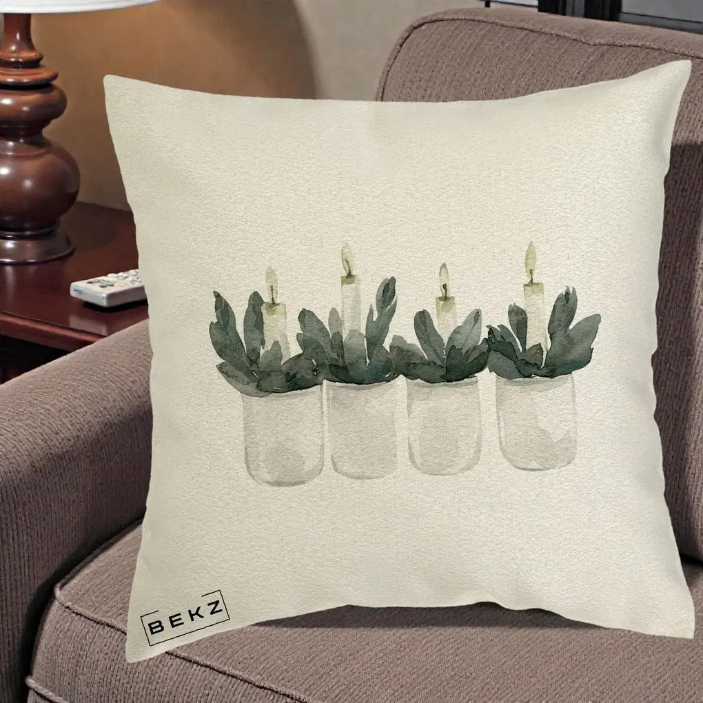 Perna Decorativa Lumanari in Borcane cu Eucalipt, 40x40 cm, Ecru, Husa Detasabila, Perna Inclusa, BEKZ®