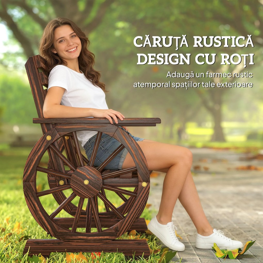 Outsunny Bancă de Grădină din Lemn cu Șipci 1 Loc, Scaun de Exterior cu Cotiere și Roată, Fotoliu Masiv, Șezut Spațios, Spătar Înclinat, Grădină, Curte, Verandă, Carbonizat | Aosom Romania