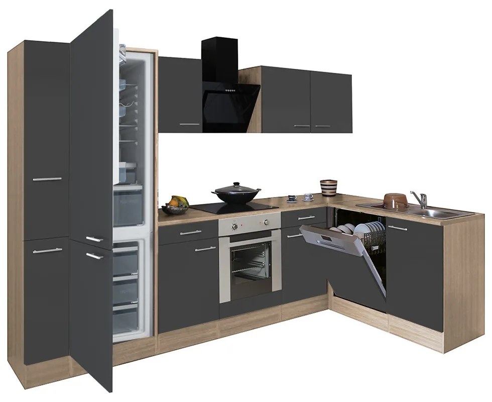 Mobilă de bucătărie de colț Yorki 310, corp din stejar sonoma, față antracit satinat cu element cuptor inferior, frigider cu dedurizator inferior