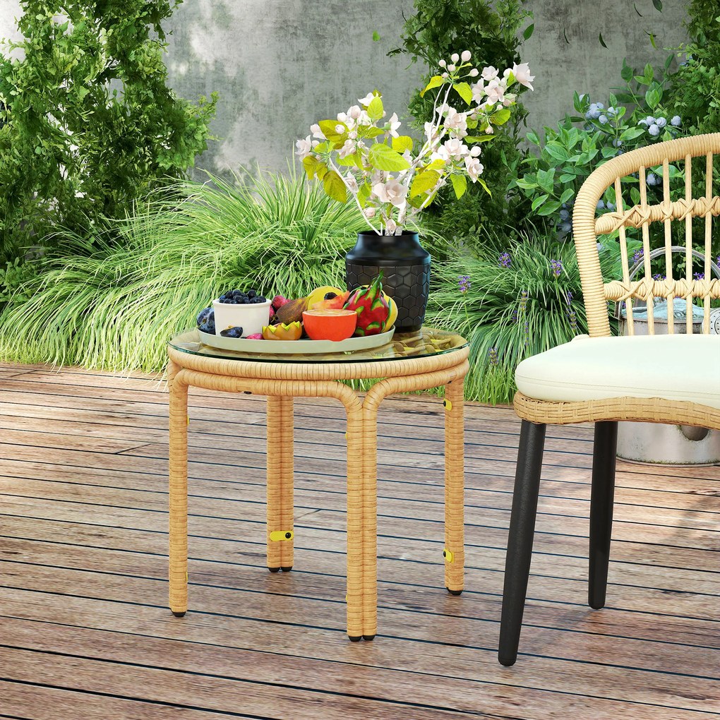 Outsunny Măsuță de Grădină din Ratan și Sticlă Stil Boho Ø50x44 cm Galben | Aosom Romania
