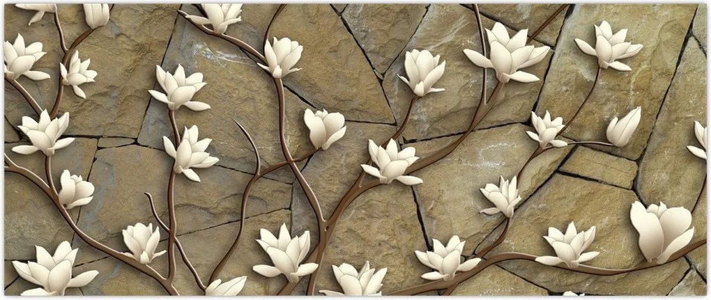 Tablou - Magnolii albe pe zidărie de piatră (120x50 cm)