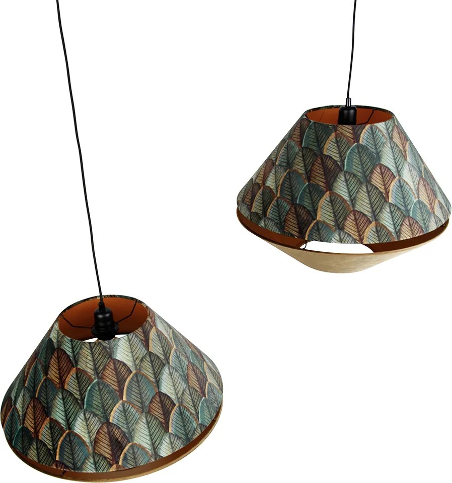 Lampă suspendată neagră cu abajur dublu de catifea, design cu frunze și bej, cu 2 lumini - Cava Luxe