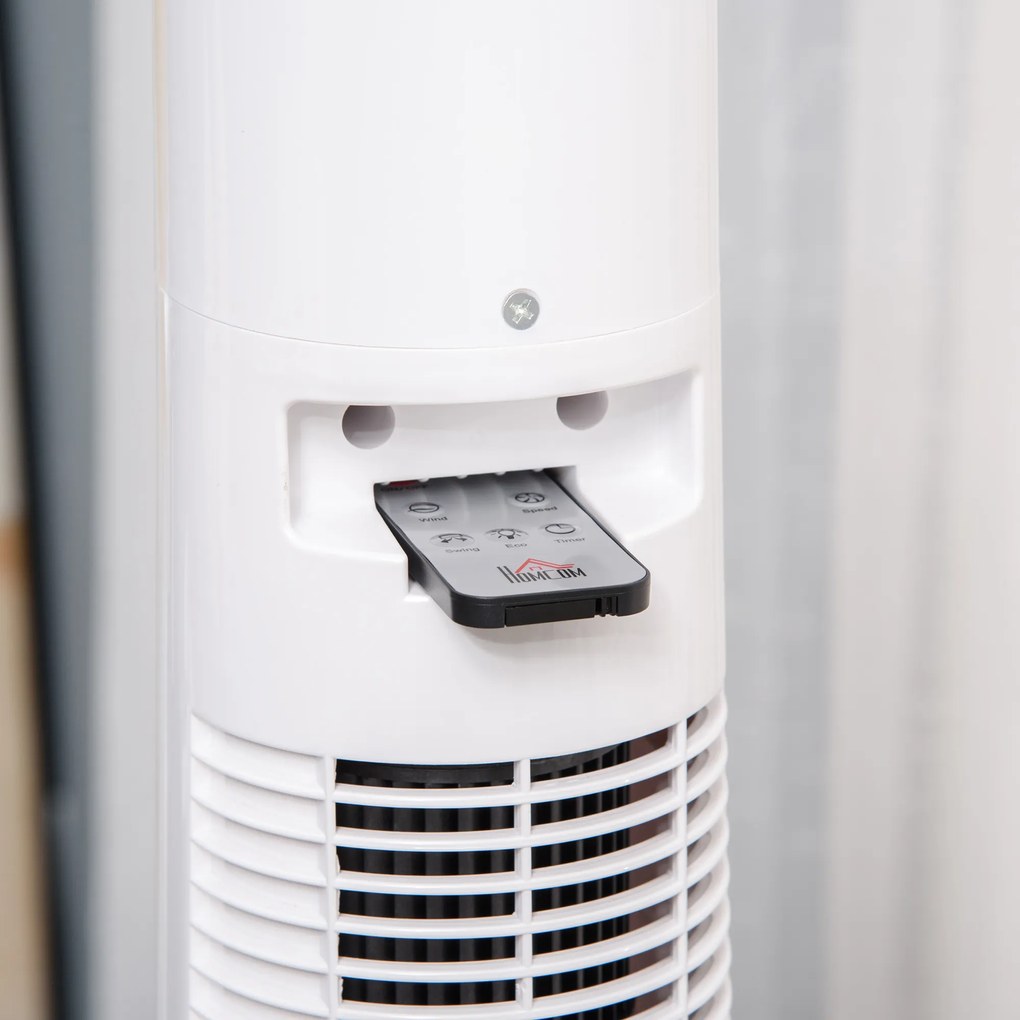HOMCOM Ventilator Turn cu 3 Moduri și 3 Viteze cu Cronometru 12h, Ventilator de Podea ABS cu Telecomandă, Ø32x118.2 cm, Alb | Aosom Romania