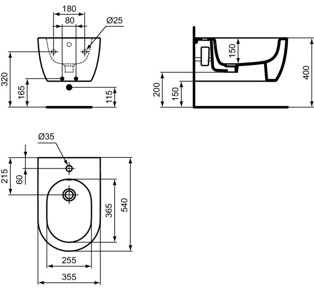 Bideu suspendat, 355x540 mm, cu preaplin, orificiu pentru baterie, alb