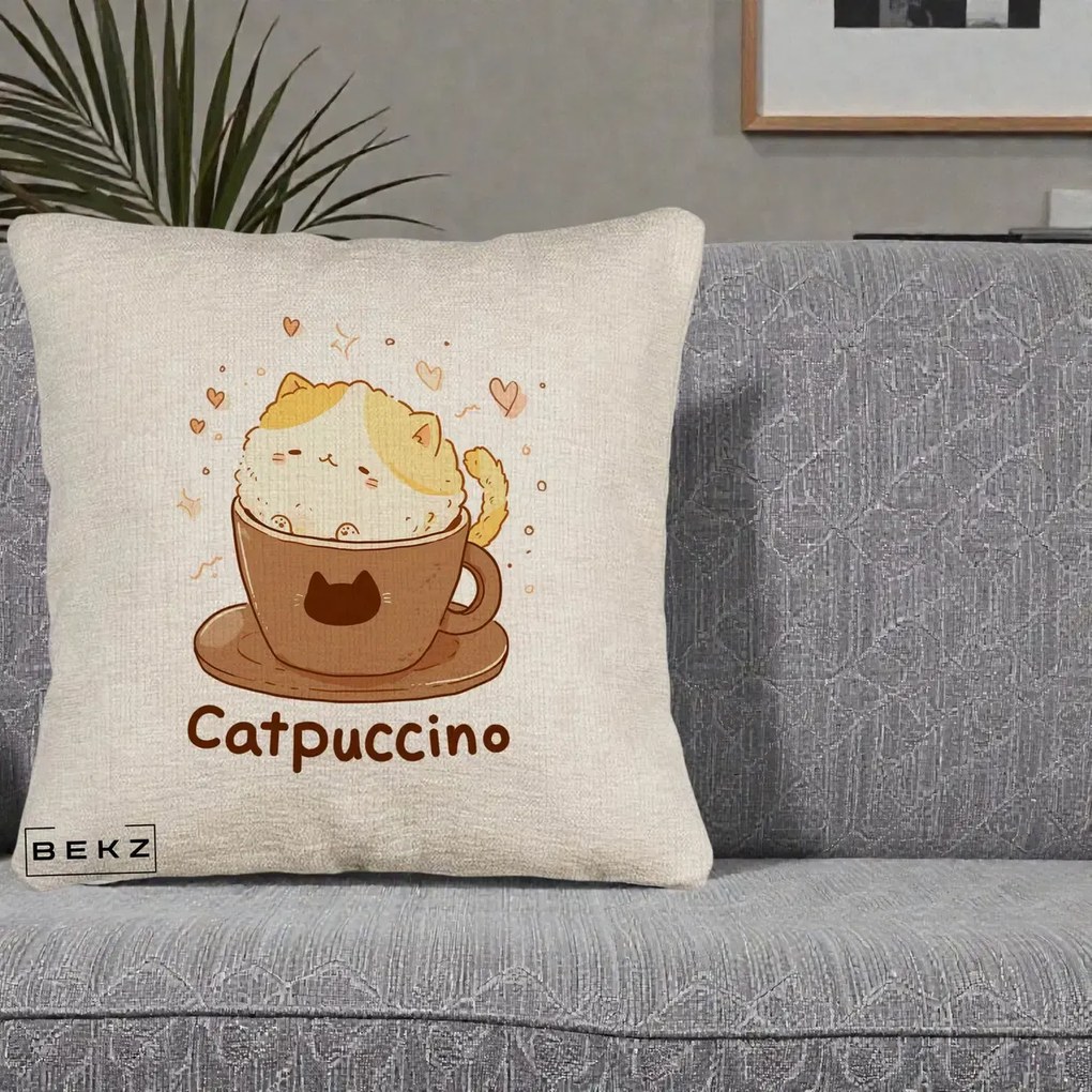 Perna Decorativa Catpuccino Pisica Cappuccino, 40x40 cm, Bej Canapea, Husa Detasabila, Perna Inclusa, BEKZ®