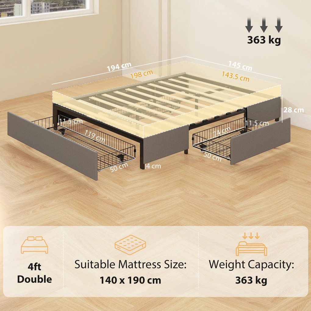 HOMCOM Pat dublu 140x190 cm cu somier, 3 sertare și cadru metalic Capacitate 363 kg Gri | Aosom Romania