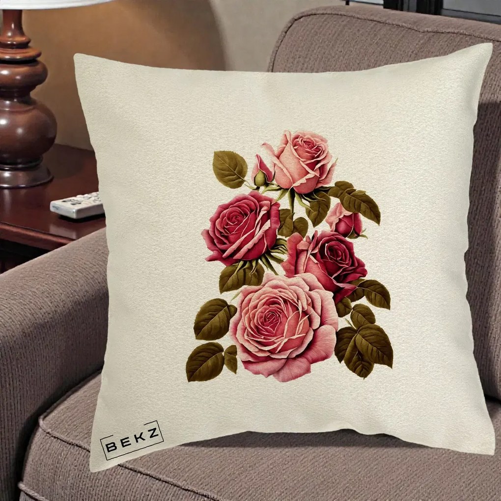 Perna Decorativa Trandafiri Vintage Roz-Rosii, 40x40 cm, Ecru, Husa Detasabila, Perna Inclusa, BEKZ®