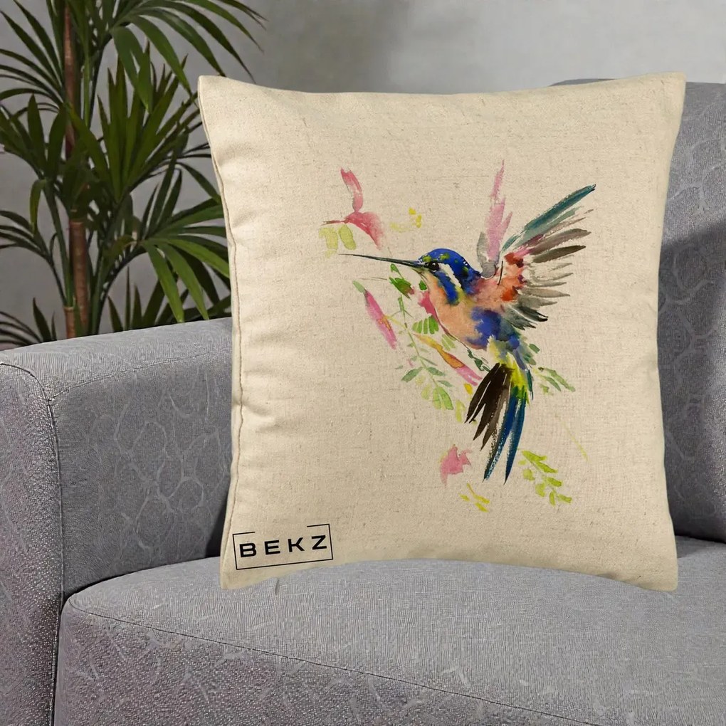 Perna Decorativa Colibri Acuarela, 40x40 cm, Bej, Husa Detasabila, Perna Inclusa, BEKZ®