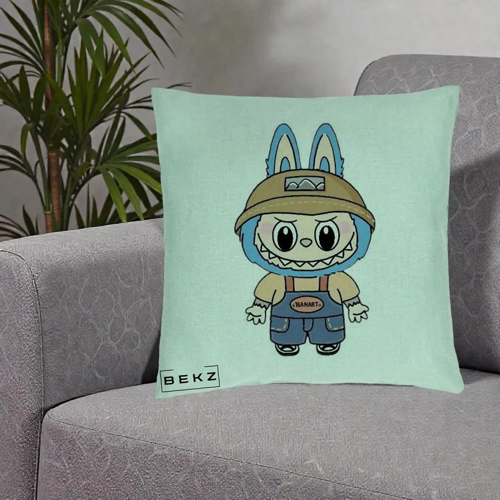 Perna Personalizata Labubu Toanart Blugi, 40x40 cm, Verde Menta, Husa Detasabila, Perna Inclusa, BEKZ®