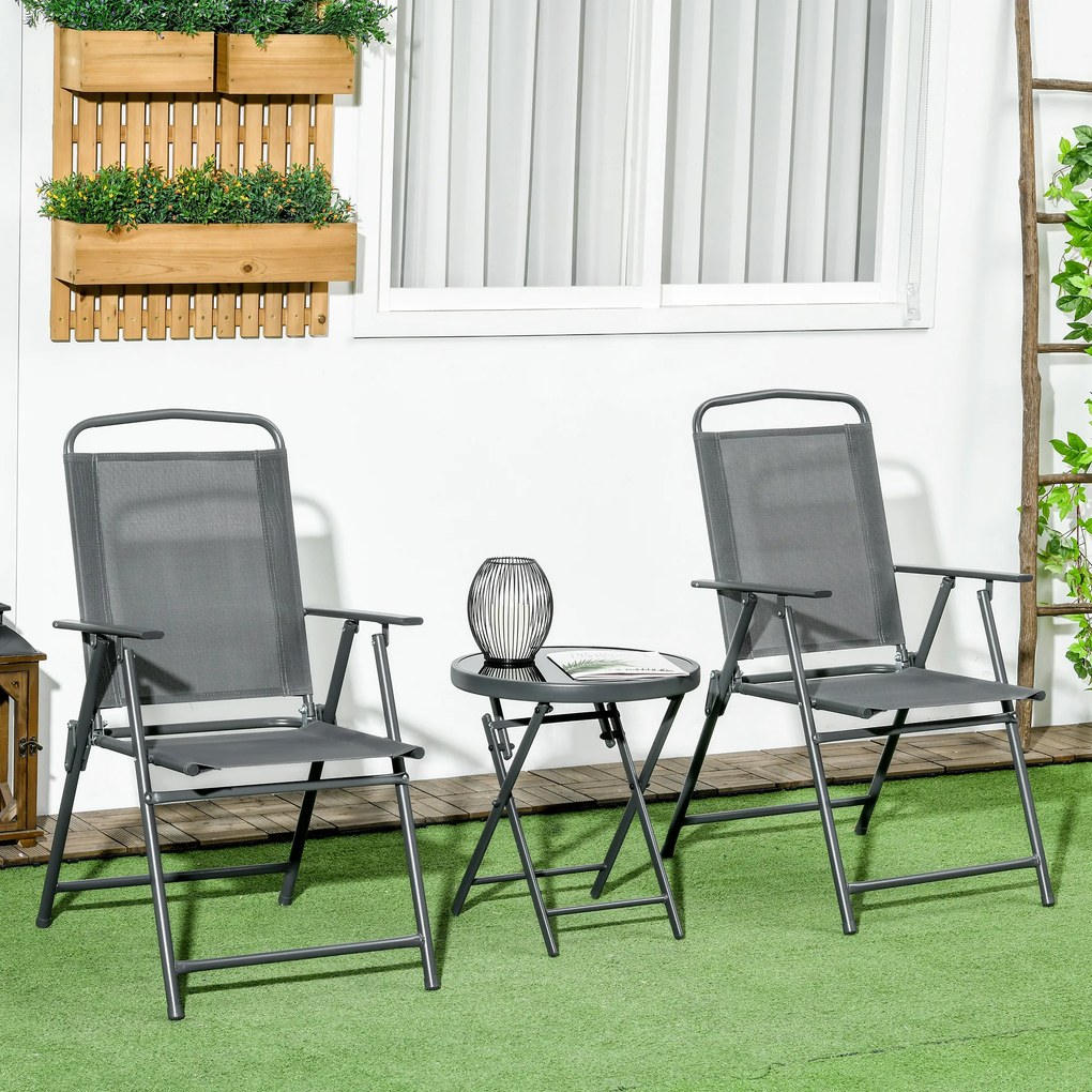 Outsunny Set de Exterior din 3 Piese cu Masă cu Blat din Sticlă și 2 Scaune Pliabile din Plasă, Ф45x50 cm, Gri Deschis | Aosom Romania