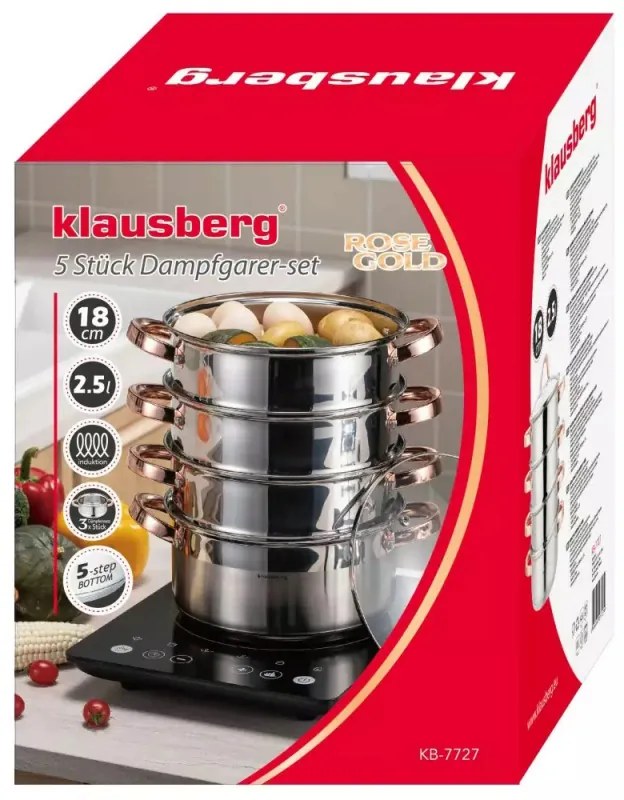 Oala pentru gatit la aburi Klausberg KB 7727, 18 cm, 2,5 L, 5 piese, Inductie, Inox/Aur roz