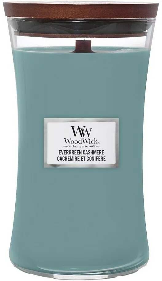Lumânare parfumată vază mare WoodWick Evergreen Cashmere, 609 g