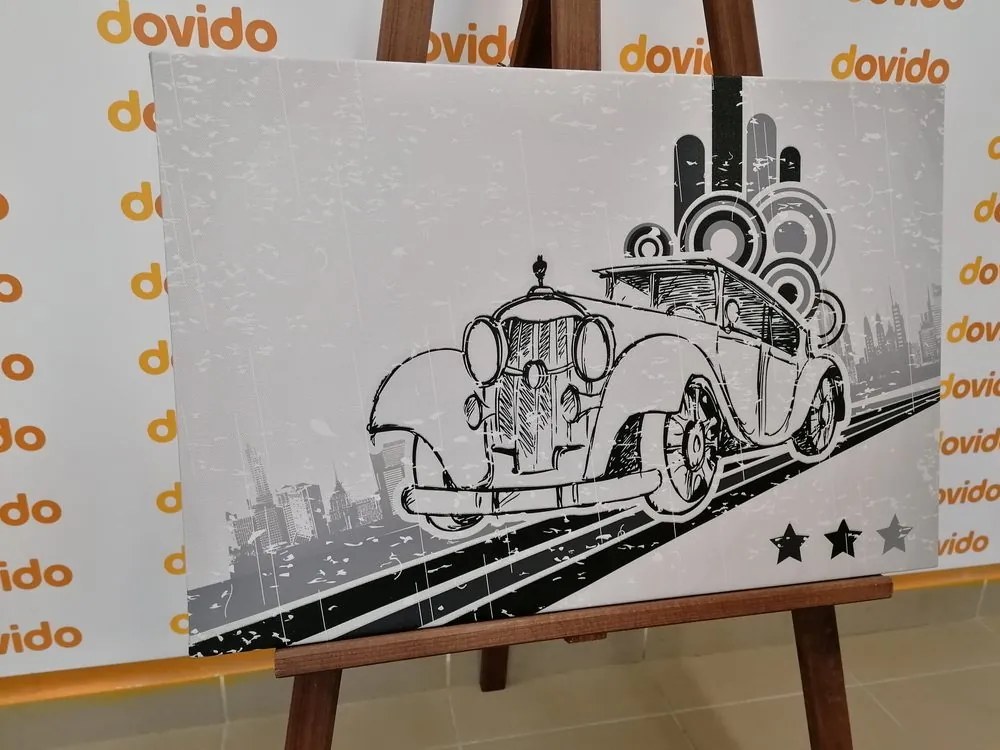 Tablou mașină cu fundalul vintage în alb-negru