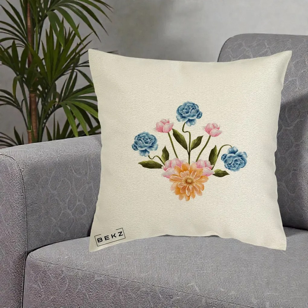 Perna Decorativa Buchet Primavara Acuarela, 40x40 cm, Ecru, Husa Detasabila, Perna Inclusa, BEKZ®