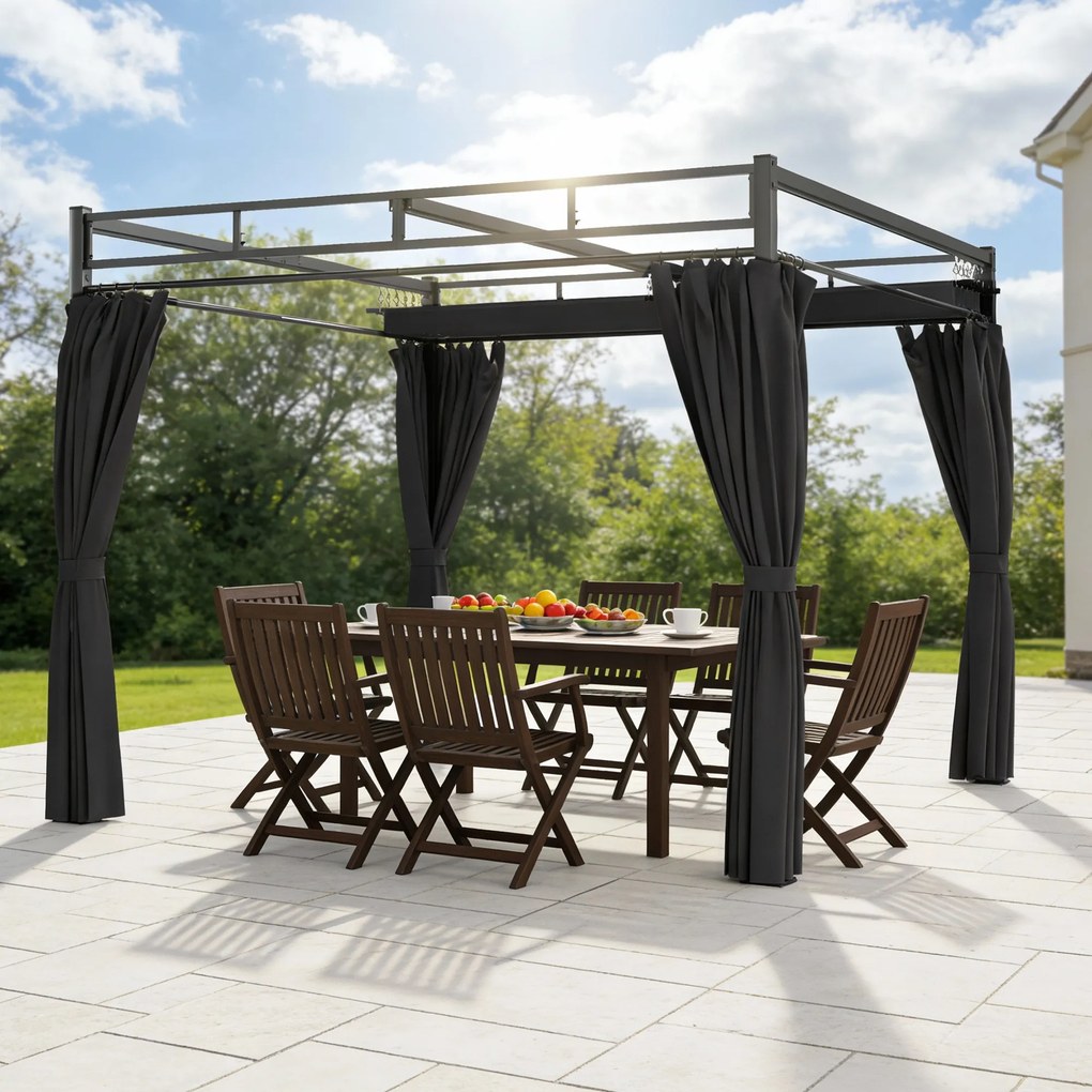 Outsunny Gazebo Pergolă 3x3 m cu Acoperiș Retractabil Glisant, 4 Pereți Laterali, Orificii de Drenare, Pergolă de Grădină din Poliester și Oțel, pentru Terasă, Curte, Exterior, UV30+, Gri Închis | Aosom Romania