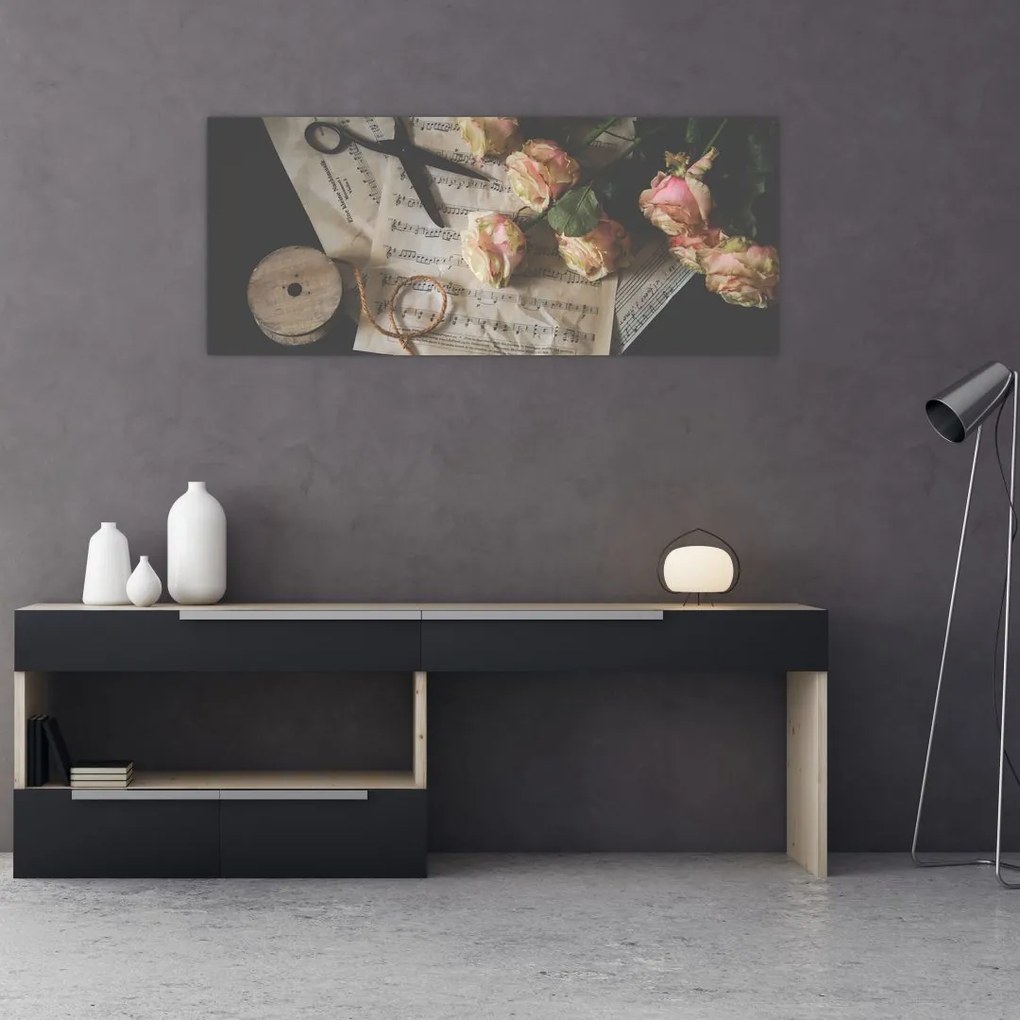 Tablou cu note muzicale și trandafiri (120x50 cm)