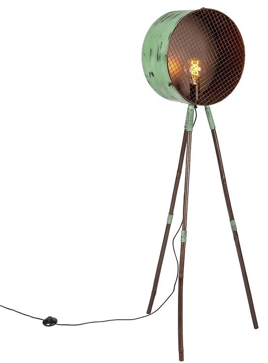 Lampă de podea vintage pe trepied din bambus verde cu cupru - Barrel