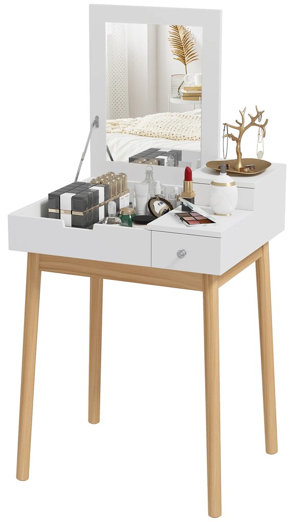 HOMCOM Masă de toaletă cu oglindă, masă de machiaj în stil modern - 2 sertare, oglindă rabatabilă pentru dormitor, living, 60 x 50 x 85,5 cm alb | Aosom Romania