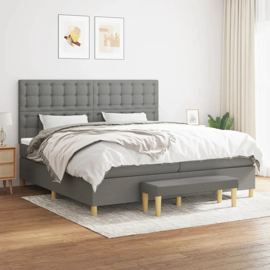 vidaXL Pat box spring cu saltea, gri închis, 200x200 cm, textil