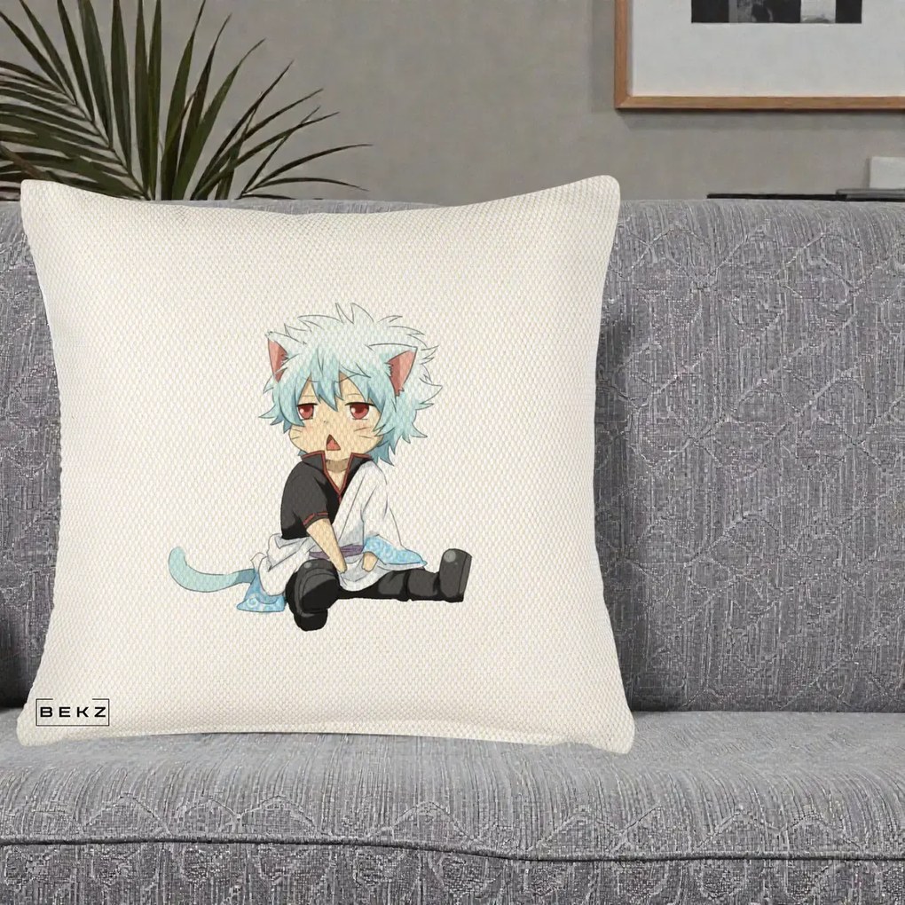 Perna Personalizata Gintama Gintoki Chibi Pisica, 40x40 cm, Crem Reliefat, Husa Detasabila, Perna Inclusa, BEKZ®