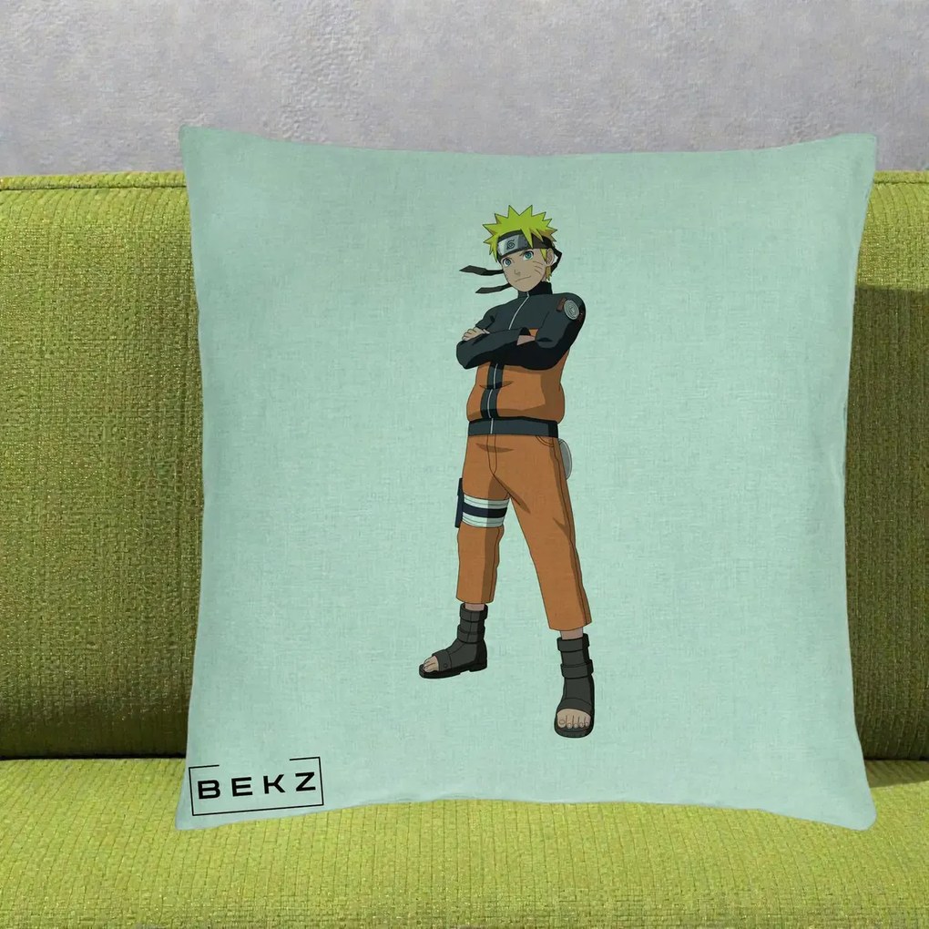 Perna Personalizata Naruto Uzumaki Portret Complet, 40x40 cm, Verde Menta, Husa Detasabila, Perna Inclusa, BEKZ®