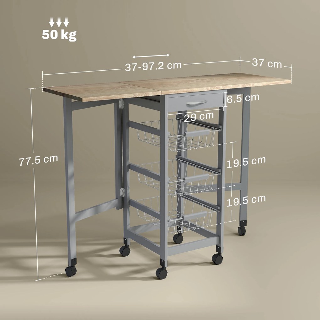 HOMCOM Cărucior de Bucătărie din Lemn și Metal cu 3 Coșuri, Sertar și Clapete, 37x37x77.5 cm, Gri | Aosom Romania