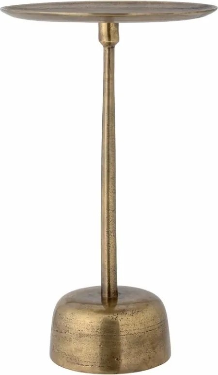 Măsuță laterală pentru canapea, rotundă, din aluminiu, auriu, cu picior central și bază rotunjită, finisaj antichizat, 51,5 x 30 cm, „Maris”