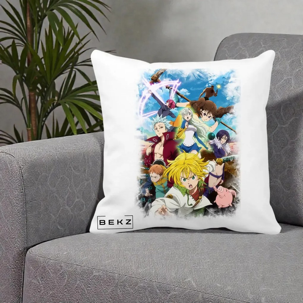 Perna Personalizata Nanatsu no Taizai Cele Sapte Pacate Mortale Anime, 40x40 cm, Alba Mata, Husa Detasabila, Perna Inclusa, BEKZ®