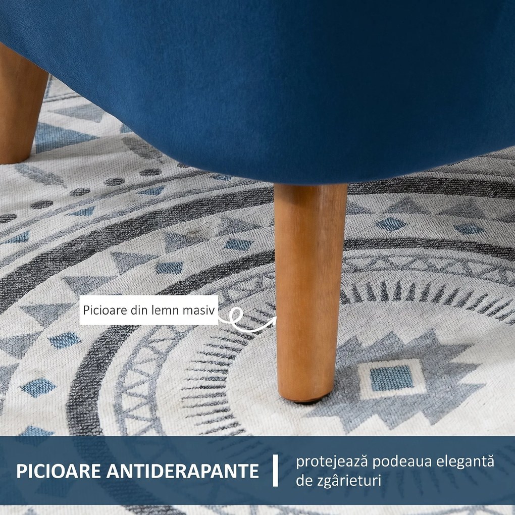 HOMCOM Fotoliu Living Tapițat cu Velur și Perna Groasă, Picioare din Lemn de Cauciuc și Brațe, Albastru | Aosom Romania