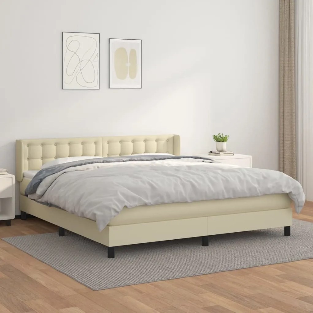 Pat box spring cu saltea, crem, 160x200 cm, piele ecologica Crem, 160 x 200 cm, Nasturi de tapiterie