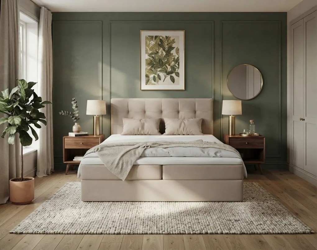 Pat tapițat tip boxspring DIRELIS TRINITY160x200 cm bej Saltea: Saltea cu arcuri Bonell