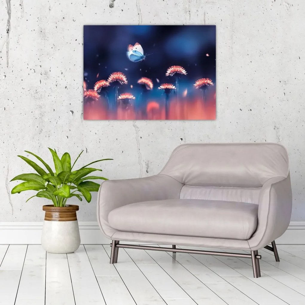 Tablou pe sticlă cu păpădii cu fluture albastru (70x50 cm)