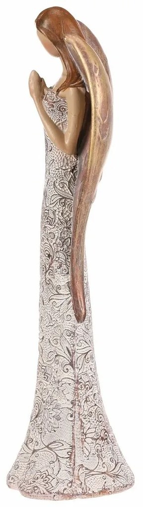 Înger din poliresină cu rochie cu flori, bej-cupru