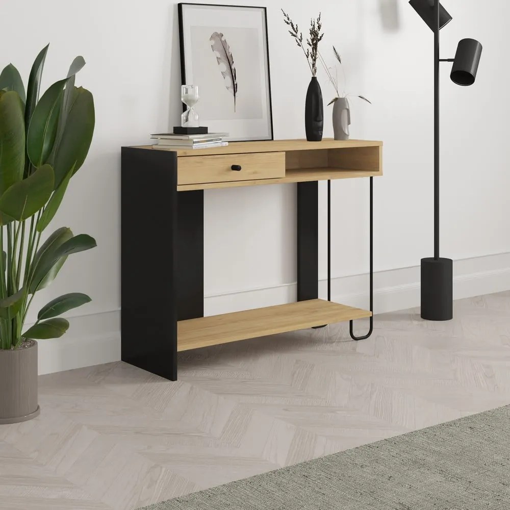 Masă consolă neagră/în culoare naturală cu blat cu aspect de lemn de stejar 35x100 cm Saturne – Marckeric