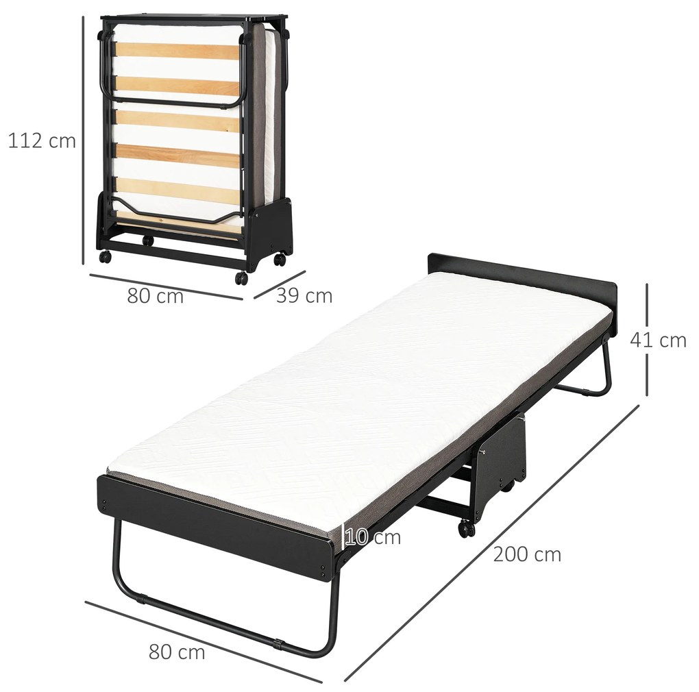 Pat pliant cu saltea de 10 cm inaltime HOMCOM, pentru o persoana cu roti si lamele, 80x200cm, negru | Aosom RO