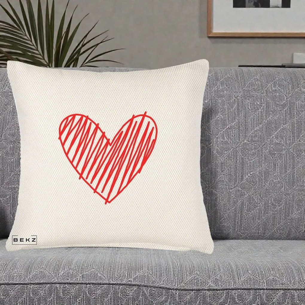 Perna Decorativa Inima Rosie Desen Manual, 40x40 cm, Crem Reliefat, Husa Detasabila, Perna Inclusa, BEKZ®