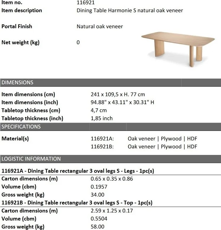 Masa dining moderna design LUX Harmonie S natur 241x109cm