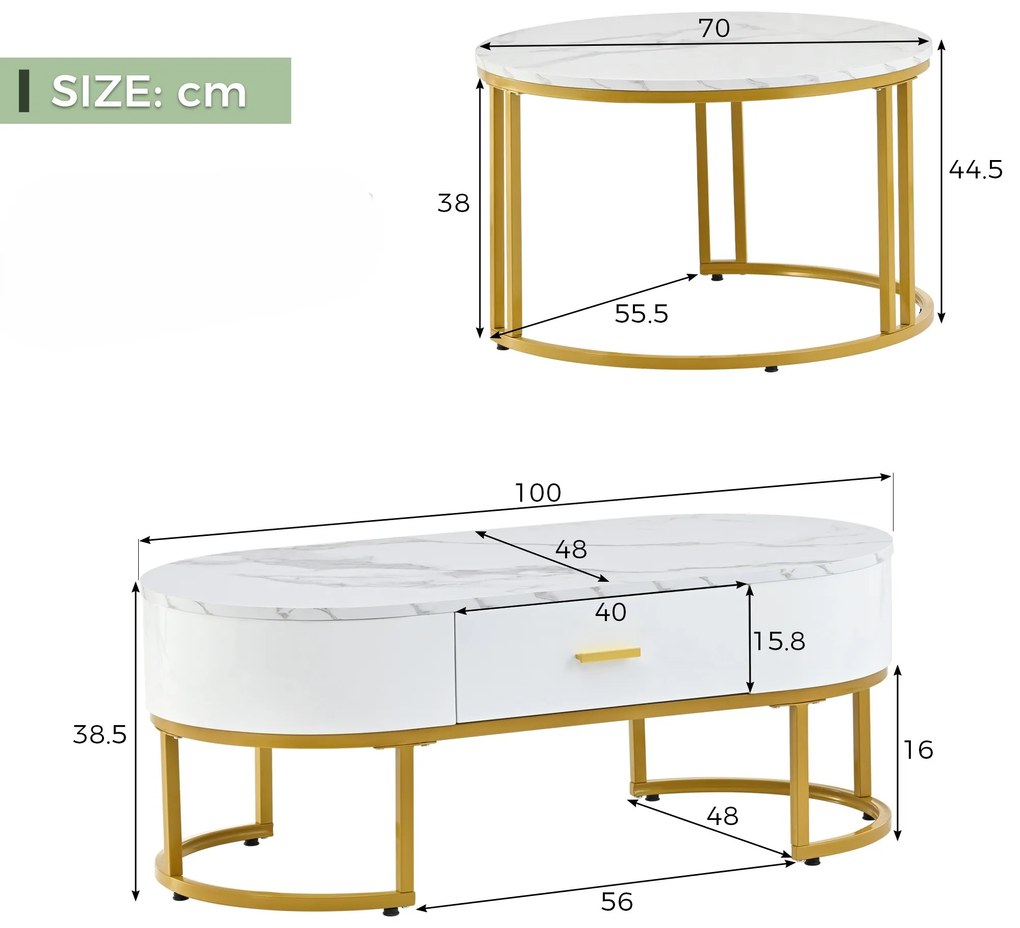 Set de 2 Măsuțe de Cafea Moderne cu Structură din Metal Auriu și Rafturi Spațioase, Dimensiuni 100x48x38,5 cm și 70x70x44,5 cm, Alb
