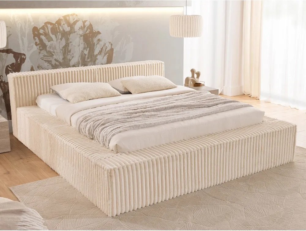 Pat matrimonial bej tapițat cu spațiu de depozitare cu somieră 160x200 cm Cloe – Ropez