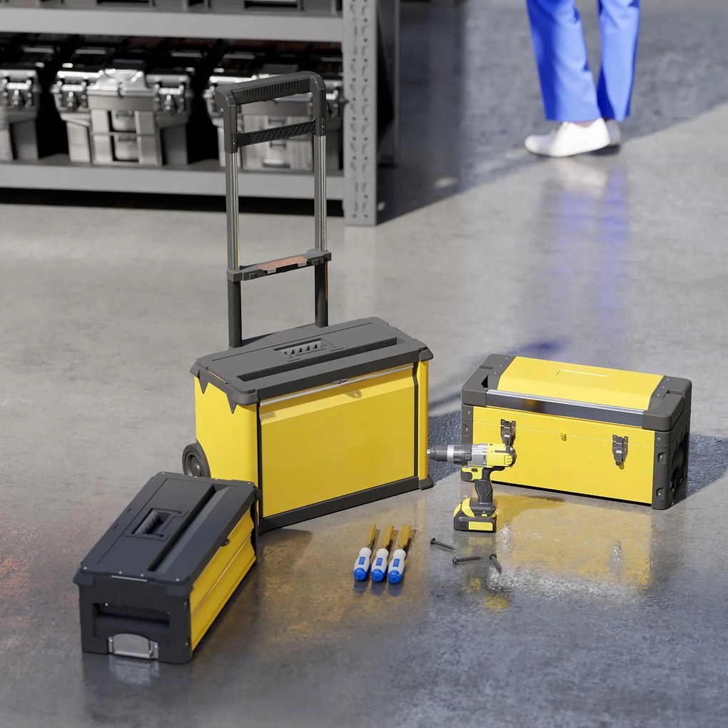 HOMCOM Set de 3 cutii de scule pe roți suprapuse și modulare din oțel cu tavă, mânere și încuietoare, galben | Aosom Romania