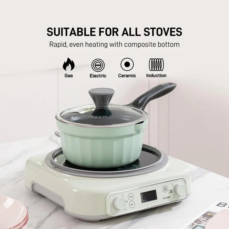 Cratita BUYDEEM CP141, 1.8 l, Capac din sticla, Aluminiu turnat, Fara PFOA, Acoperire antiaderenta, Verde