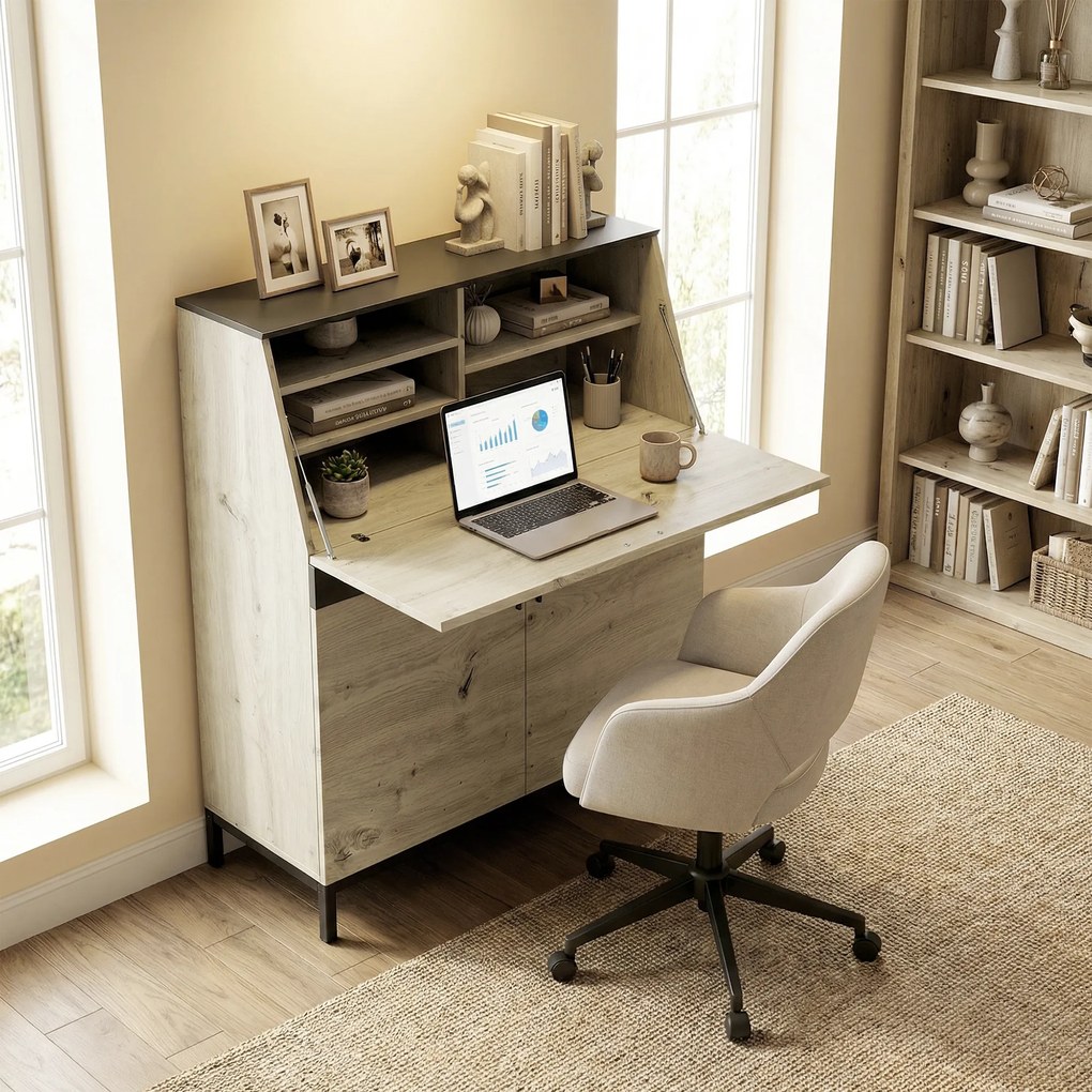 HOMCOM Birou-secretar industrial cu rafturi și cadru metalic 100 cm lemn natural și negru | Aosom Romania