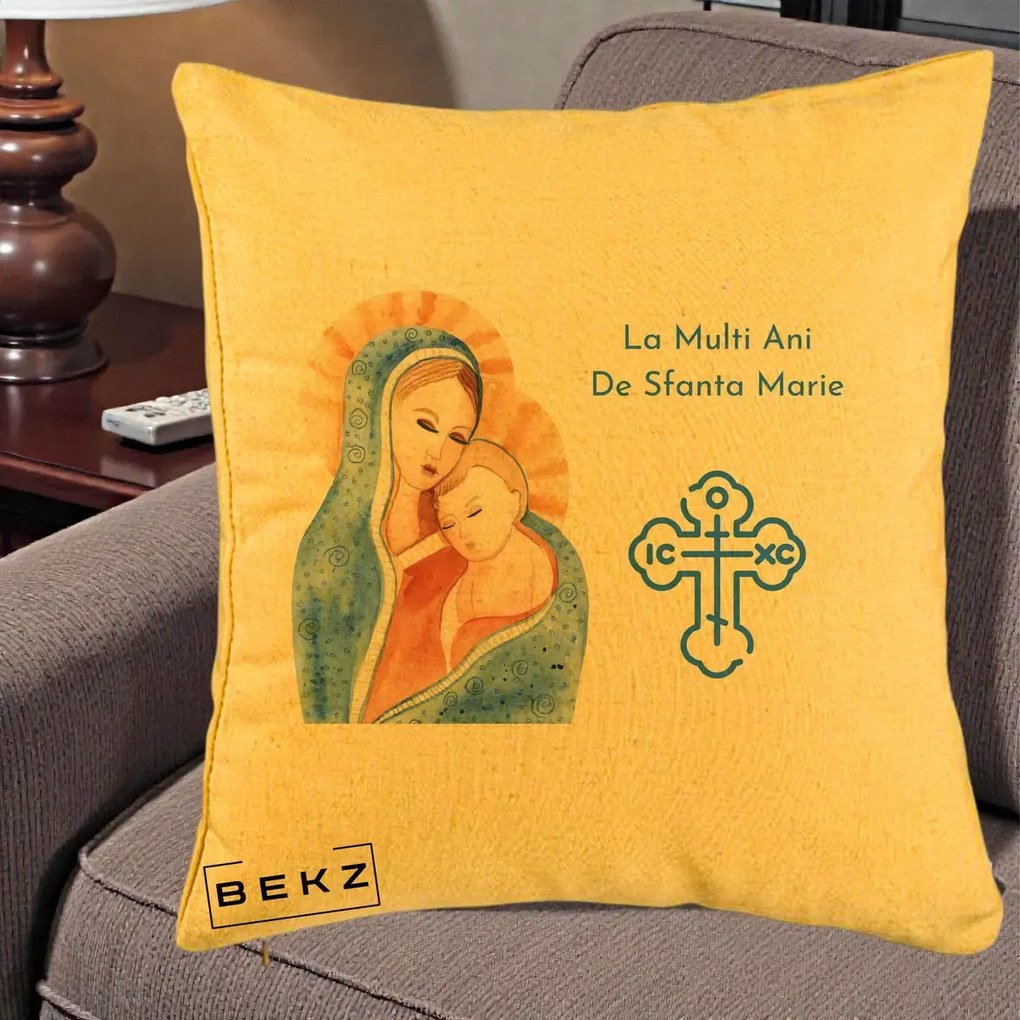Cadou de Onomastica - Perna Personalizata Sfanta Marie Icoana Acuarela, 40x40 cm, Galben, Husa Detasabila, Perna Inclusa, BEKZ®