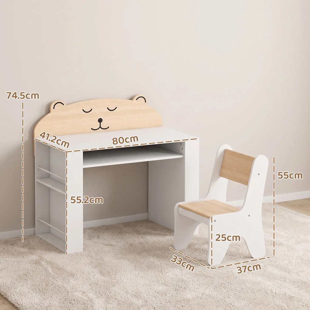 AIYAPLAY Set masă copii cu scaun, rafturi laterale, compartiment depozitare, 3-8 ani, model ursuleț, alb | Aosom Romania