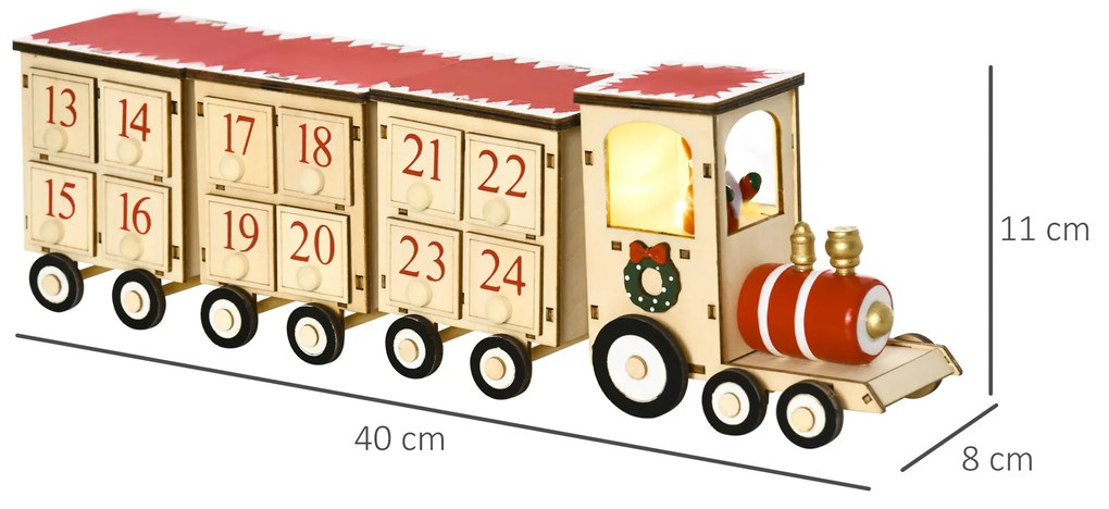 Calendar de Craciun, calendar advent in forma de tren cu Mos Craciun si lumina LED inclusa, lemn HOMCOM | Aosom Romania