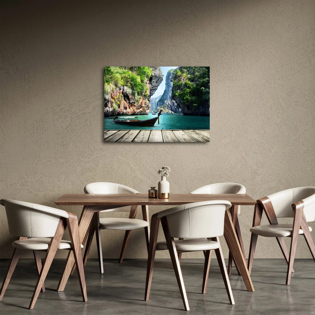 Tablou - Apă peisaj mediteranean cu barca (70x50 cm)