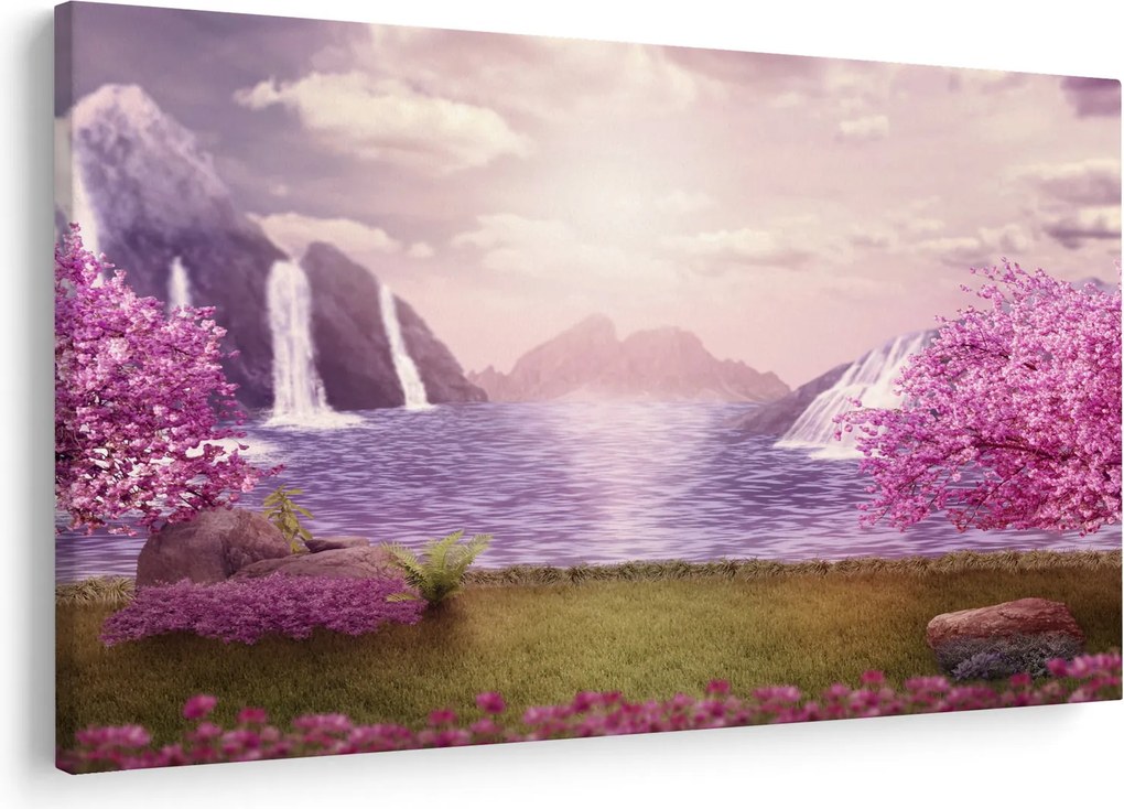 Tablou cu pomi roz cu lac (90x60 cm)