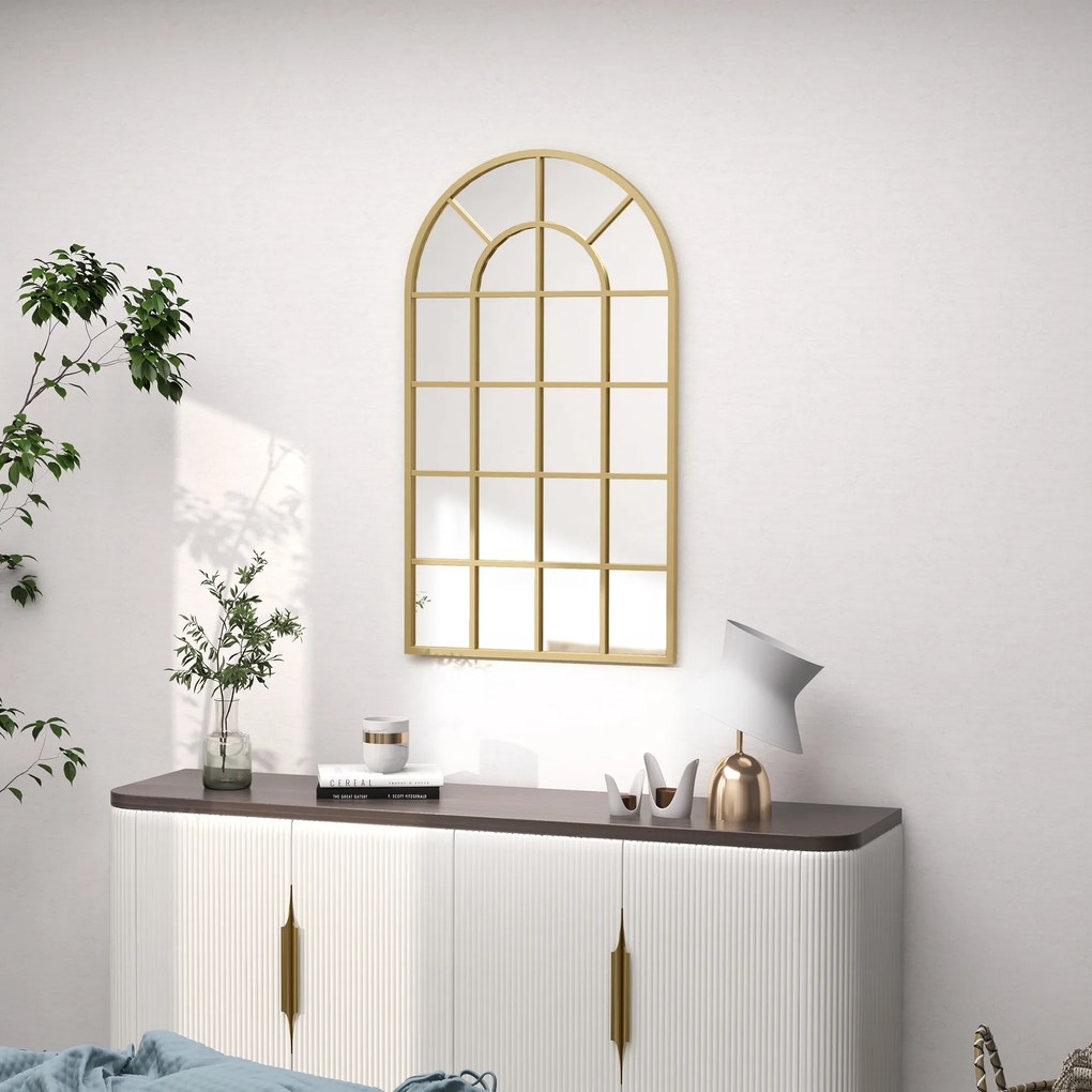 HOMCOM Oglindă de perete, design tip fereastră, oglindă de hol, ramă metalică, 110 x 65 cm, Gold | Aosom Romania