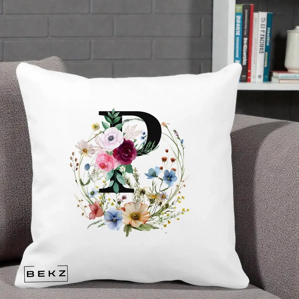 Cadou Personalizat - Perna Personalizata Monogram Litera P cu Flori Acuarela, 40x40 cm, Alba Mata, Husa Detasabila, Perna Inclusa, BEKZ®